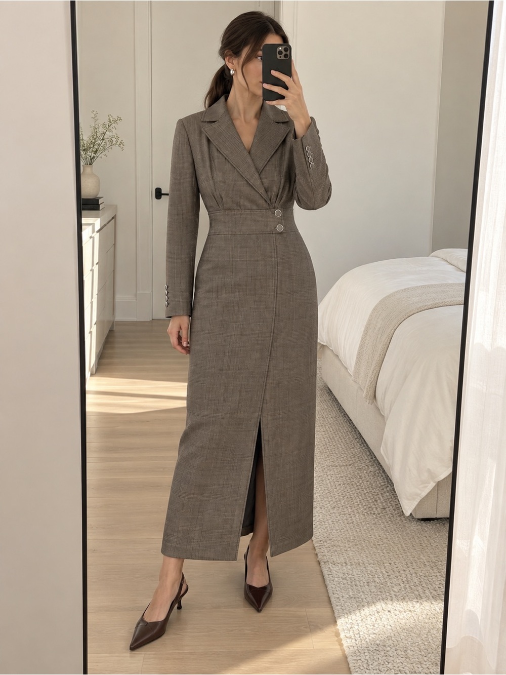 Zara Midi Wrap Blazer Dress Brown Plaid Long Sleeve Tailored Size xl